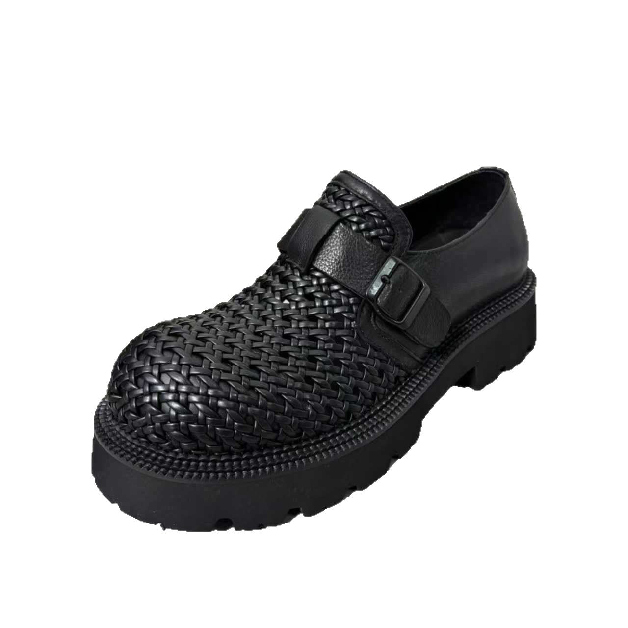 Men's Platform Tide Hand-woven Slip-on Hollow Breathable Business Height Leather Shoes