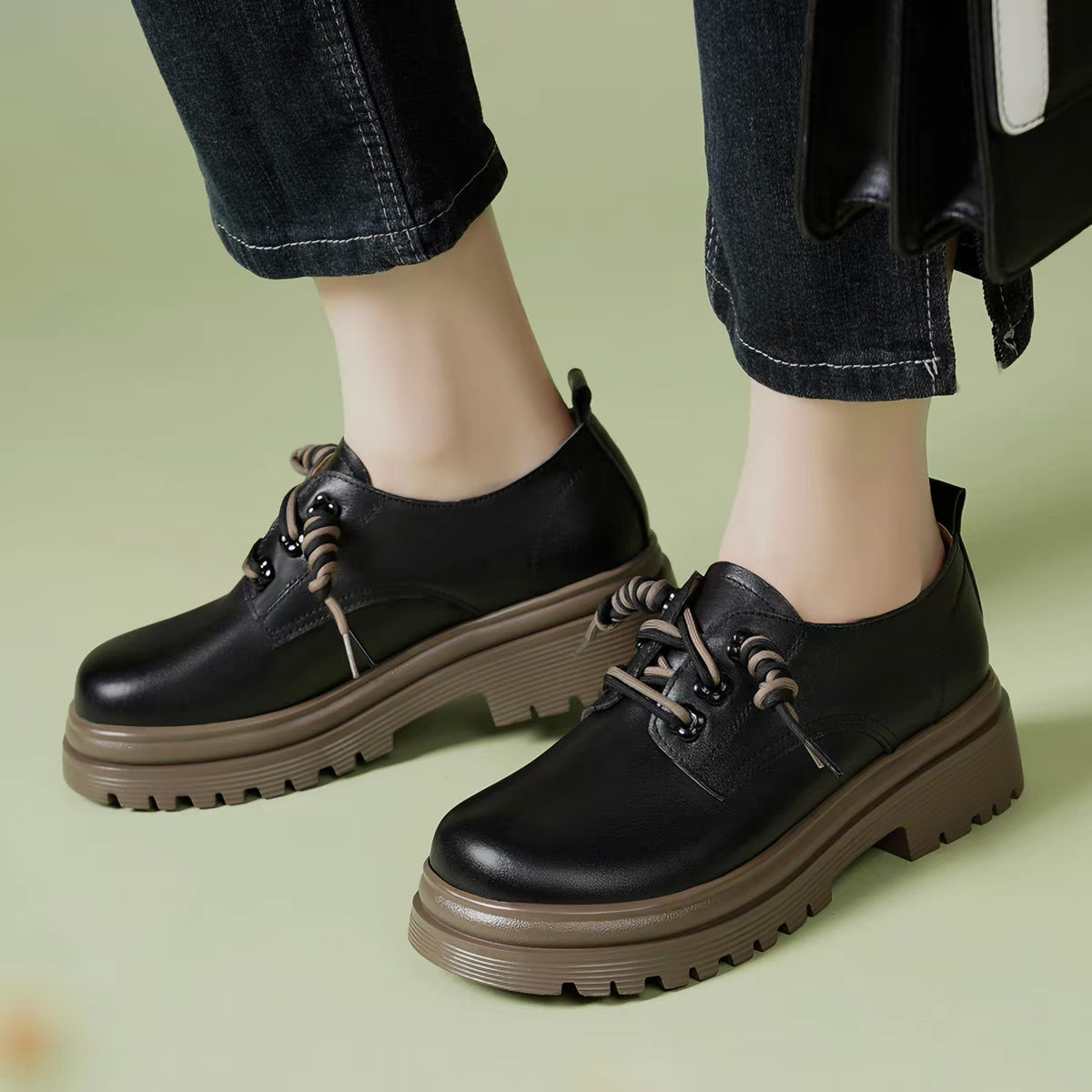 Women's Authentic Spring Platform Cowhide British Style Dissoed Black Leather Shoes