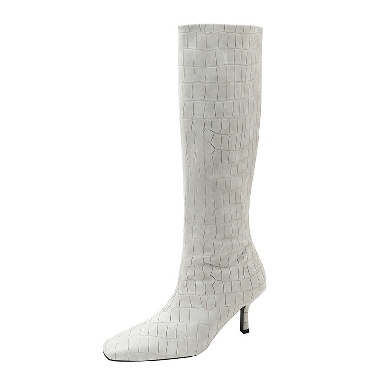 Square Toe High White Knight Crocodile Boots