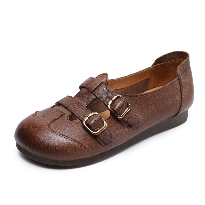 Women's Natural Color Genuine Mary Jane Flat Round Toe Casual Shoes