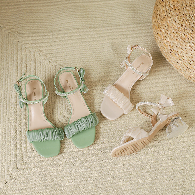 Fairy Style Pearl Bow Strap Transparent Heels