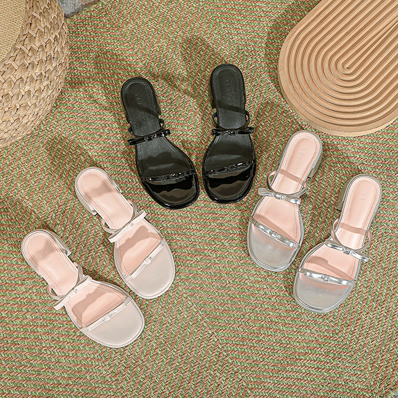 Chunky Sier Round Head Double Bow Sandals