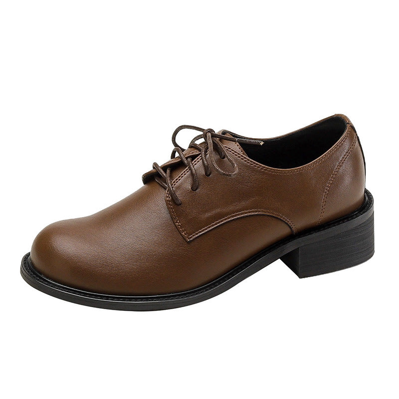 Women's Black Chunky British Style Lace Up Leather Shoes