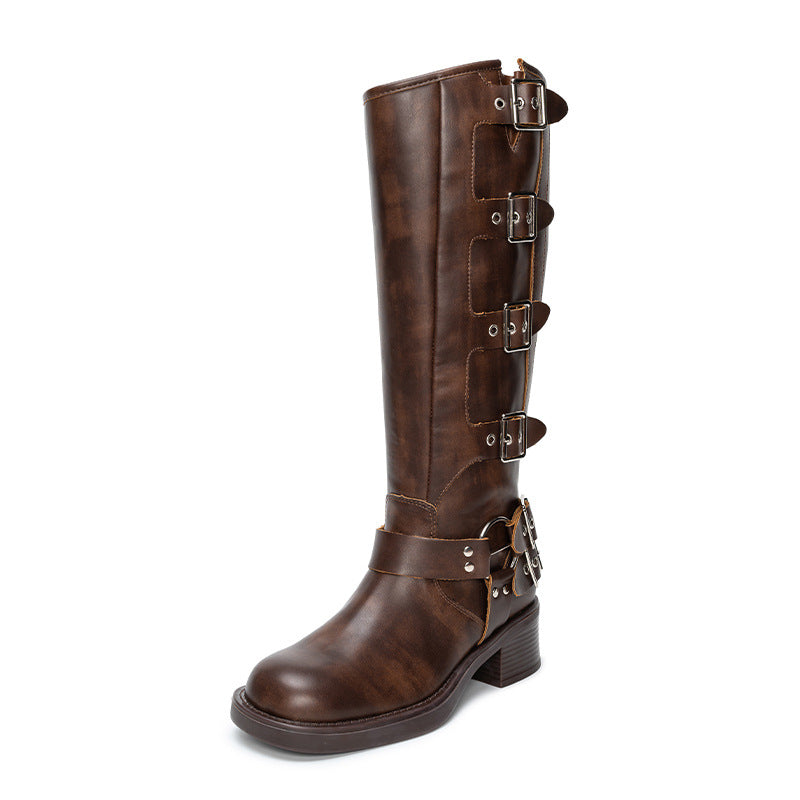 Women's Round Toe Belt Buckle Chunky Western Boots