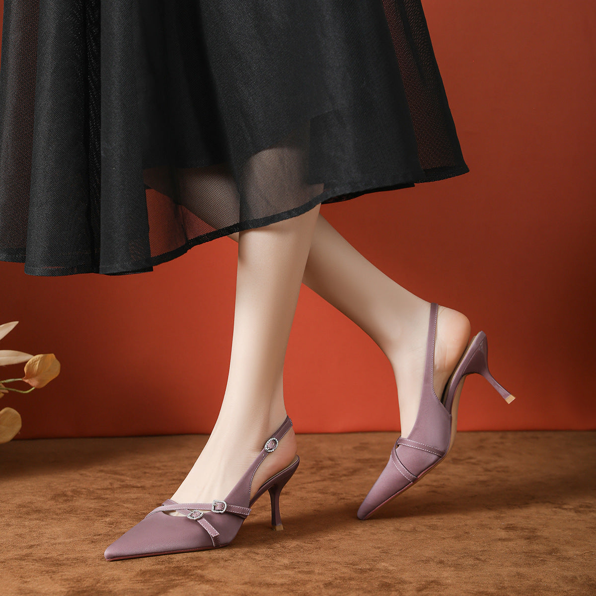 Women's Satin Strap Purple Pumps High-grade Toe Cap Heels