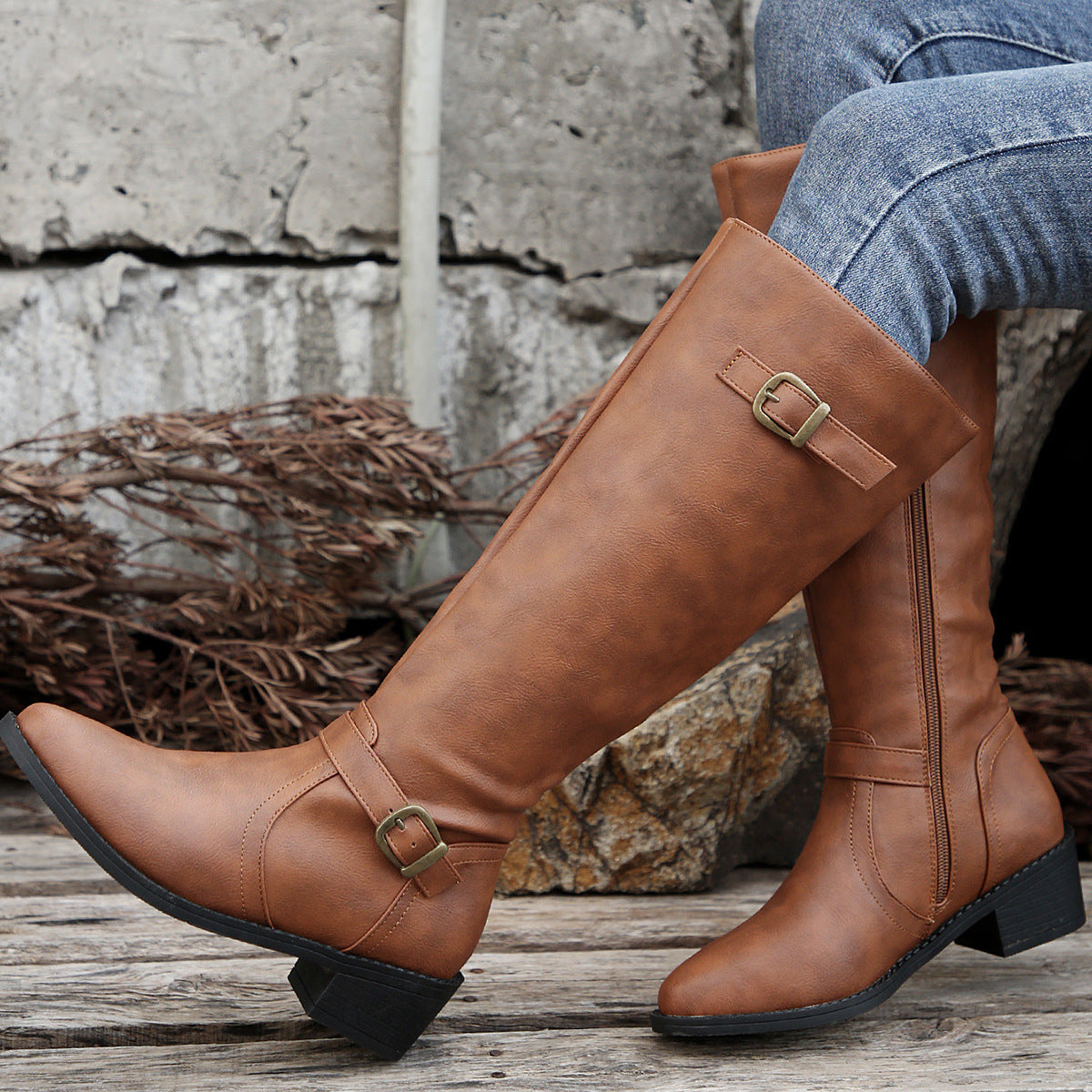 Women's Square Tall Knight Belt Buckle Solid Boots