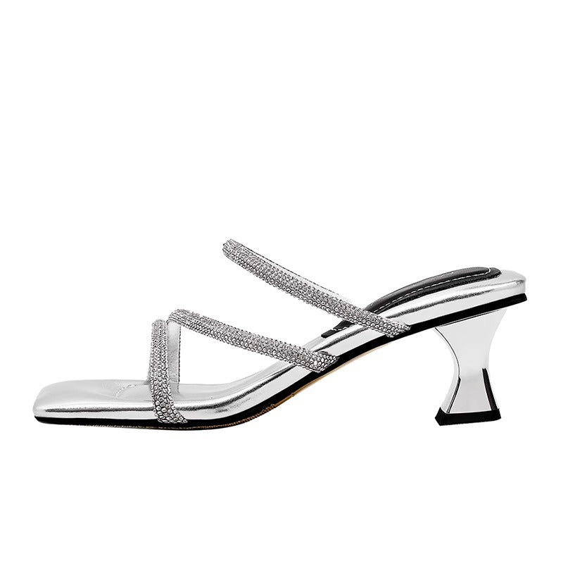 Women's Fairy Style Square Toe Rhinestone Thick Summer Wear Not Sandals