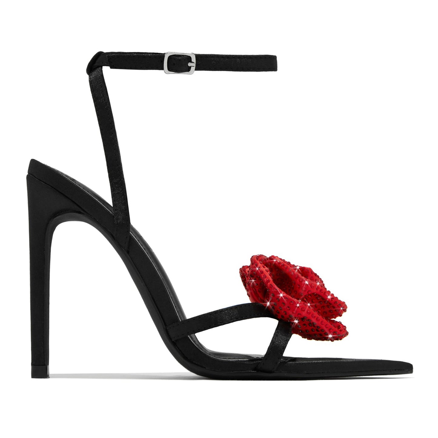 Women's High Black Thin Pointed Satin Surface Sandals