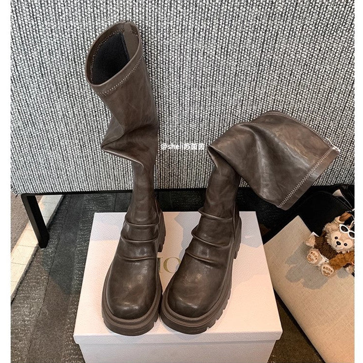 Women's Cowhide Version Thick Bottom Chunky Pleated Tube Boots