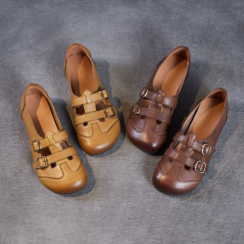 Women's Natural Color Genuine Mary Jane Flat Round Toe Casual Shoes