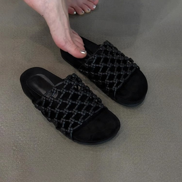 Women's Sheepskin Version Hand-woven Fishnet Platform Beach Soft Slippers