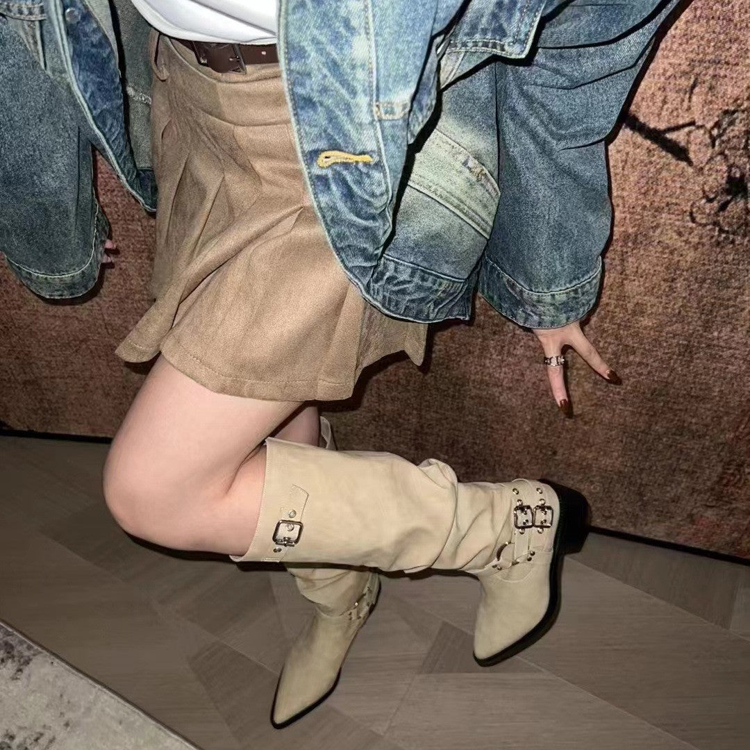 Women's Knight Pointed Toe Thick Mid Niche Boots