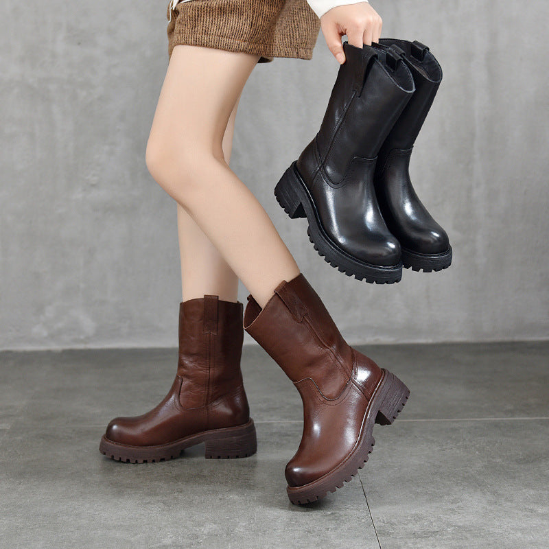 Women's Layer Cowhide Middle Tube British Wild Boots