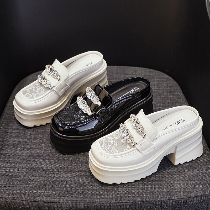 Women's Half Mesh Rhinestone Outer Wear Small Raise Slippers