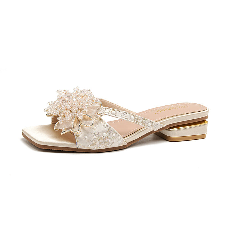 Women's Flower Summer Korean Style Square Toe Chunky Plus Heels