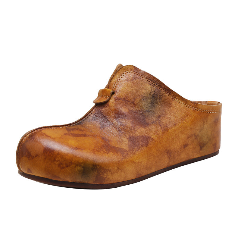 Washed First Layer Cowhide Platform Genuine Slippers