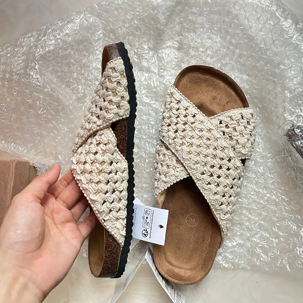 Women's Cowhide Version Cross Strap Knitted Outdoor Slippers