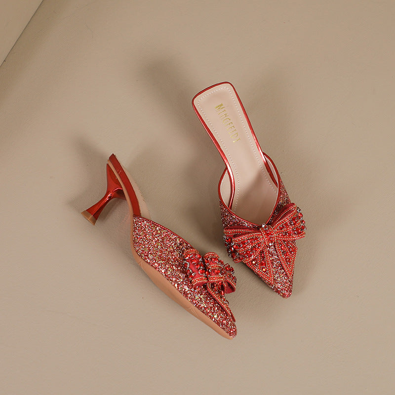 Women's Rhinestone Bow Closed Toe Half Summer Heels