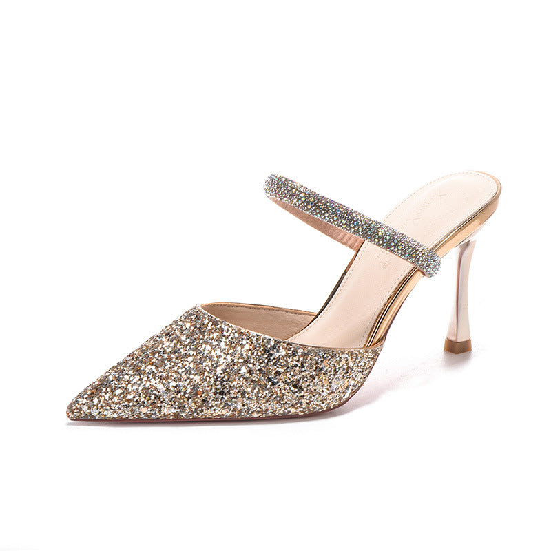 Women's Closed Toe Pointed Sequins Stilettos Plus Size Half Heels