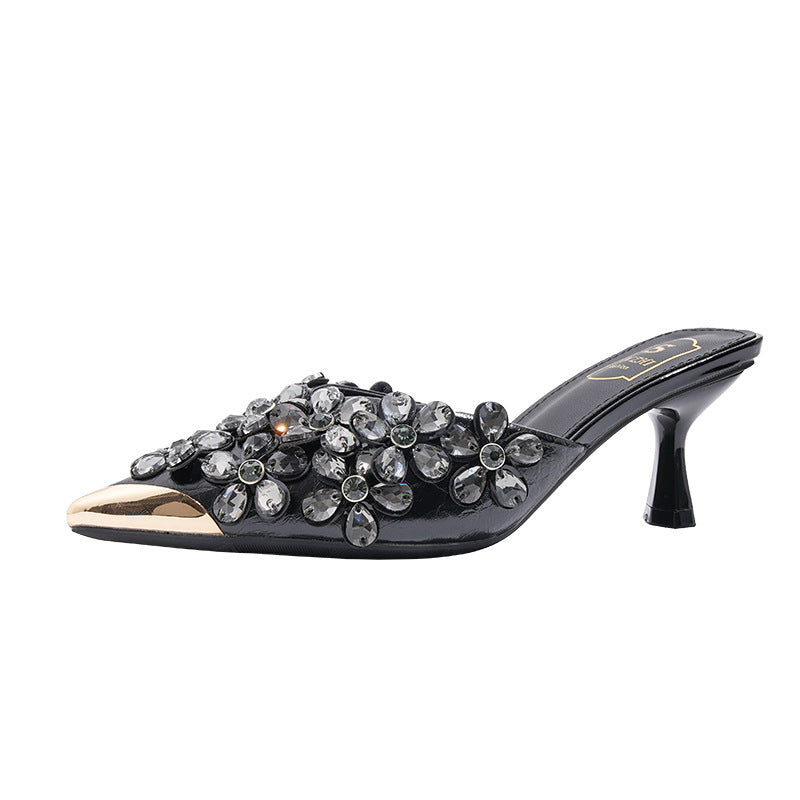 Women's Pointed Toe Cap Half High Fashionable Beaded Heels