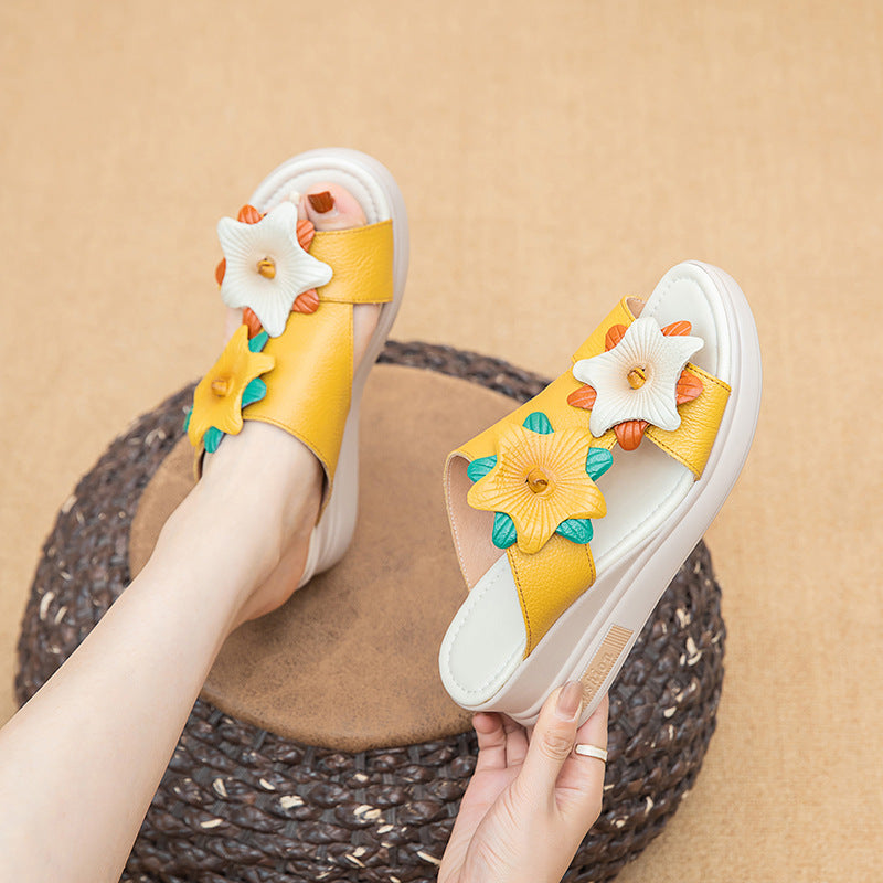 Women's Layer Cowhide Outer Wear Flower Wedge Slippers