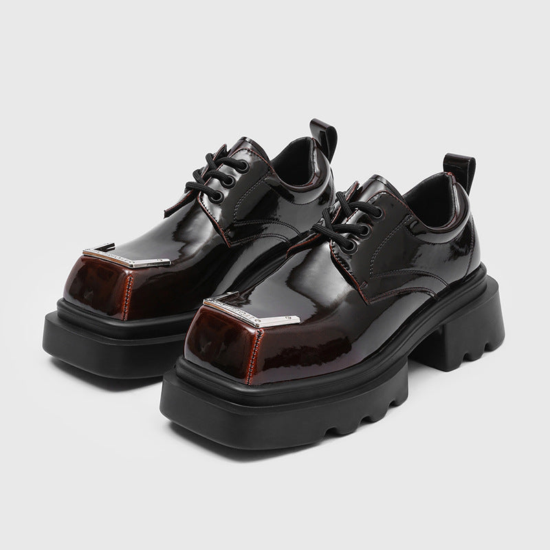 Men's Spring Muffin Bottom Platform Square Head Derby British Style Retro Men's Casual Leather Shoes