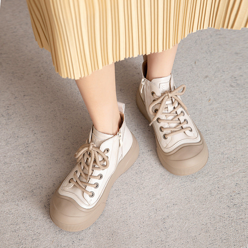 Women's Autumn First Layer Cowhide Platform Retro Sneakers