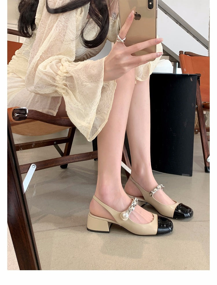 Women's Style Pearl Chain Low-cut Back Empty Heels