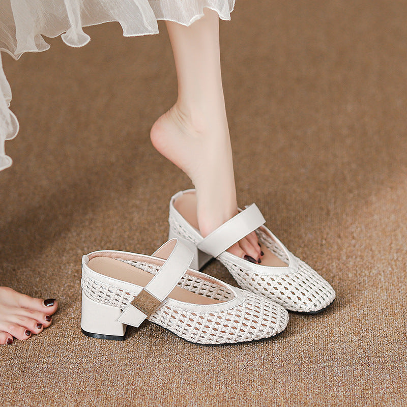 Women's Weaving Hollow Mary Jane Height Increasing Heels