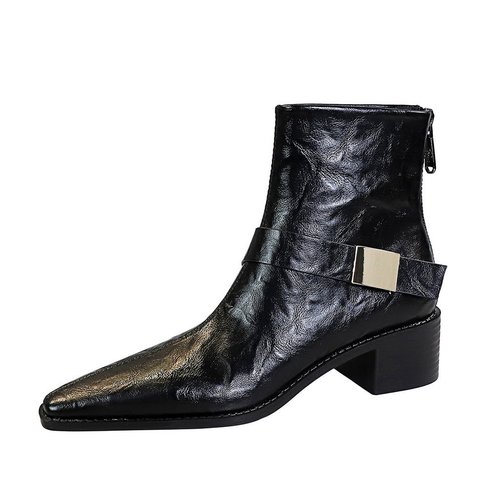 Chunky Pointed Toe Metal Buckle Knight Boots