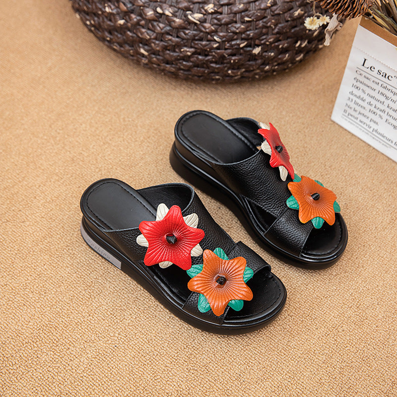 Women's Layer Cowhide Outer Wear Flower Wedge Slippers