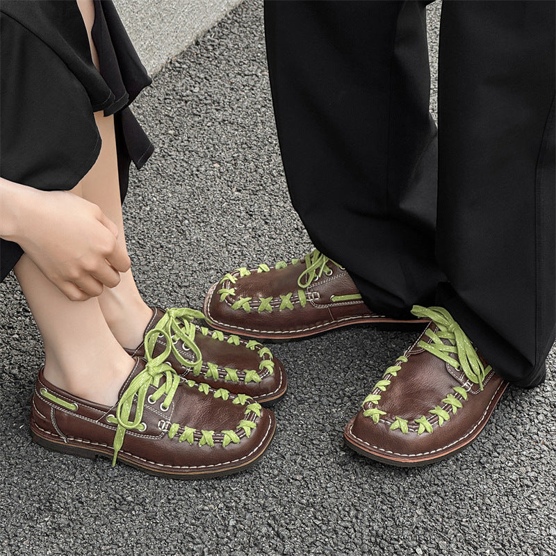Women's & Men's Woven Design British Style Square Toe Men's Casual Leather Shoes