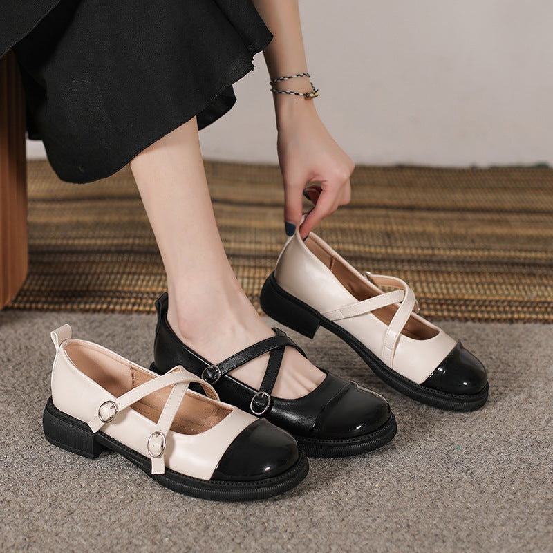 Women's With Color Block Chunky Pumps Mary Leather Shoes