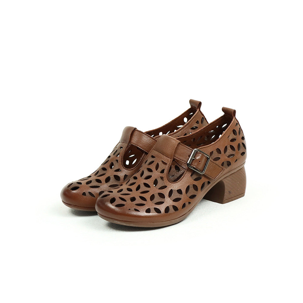 Women's Genuine Ethnic Wind Chunky Low-cut Hollow Heels
