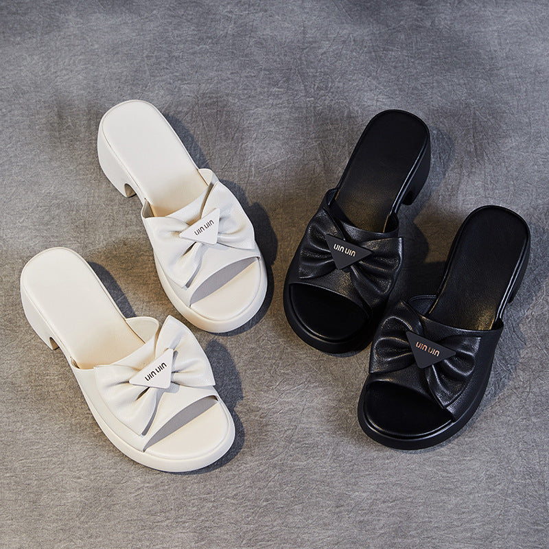 Women's Layer Cowhide Bowknot For Summer Outer Heels