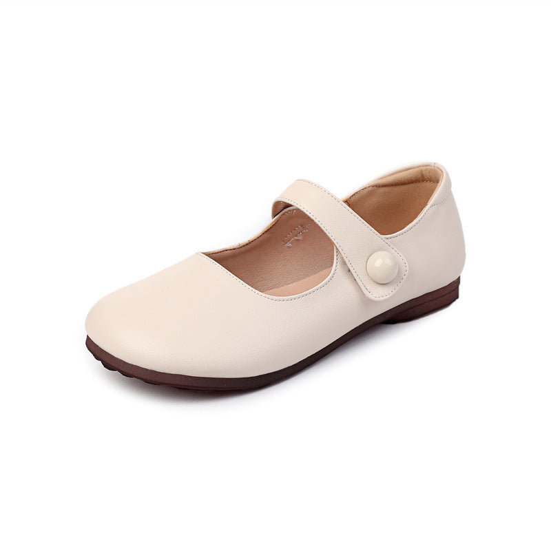 Women's Pumps Flat Cowhide Round Toe Soft Bottom Plus Size Buckle Women's Casual Shoes