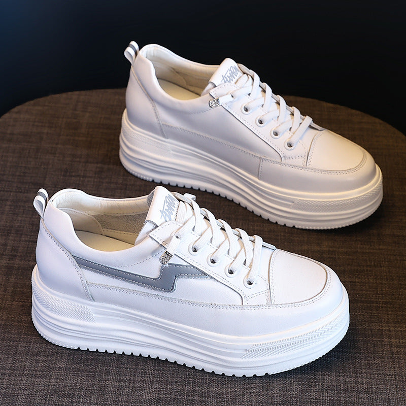 Women's White Spring First Layer Cowhide Thick-soled Casual Shoes