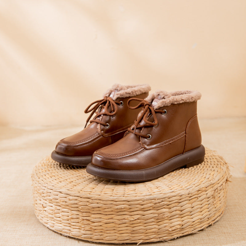 Women's Winter Genuine Flat Round Toe Thickened Snow Boots