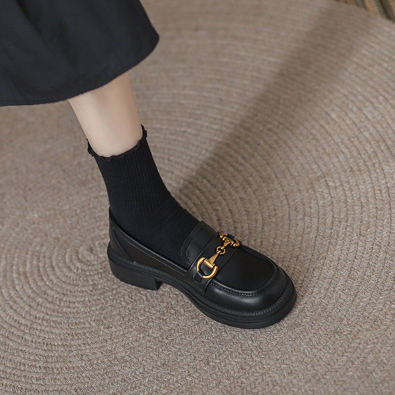 Women's Genuine Black Slip-on Small British Style Loafers