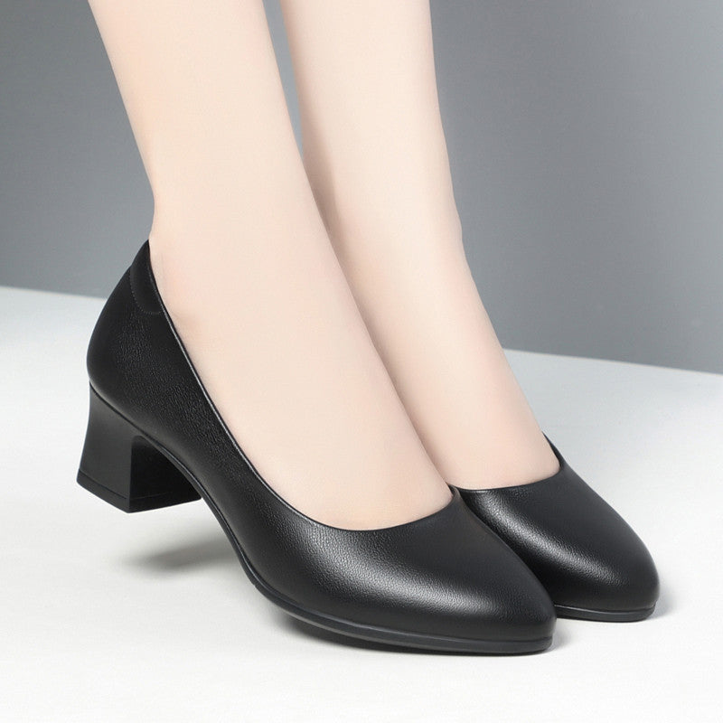 Women's Tired Feet Black Chunky Mid Hotel Shallow Mouth Casual Shoes