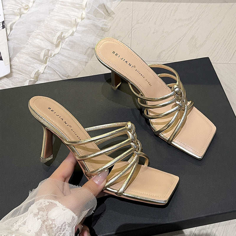 Women's Weave Thin Strap High Stiletto Square Heels