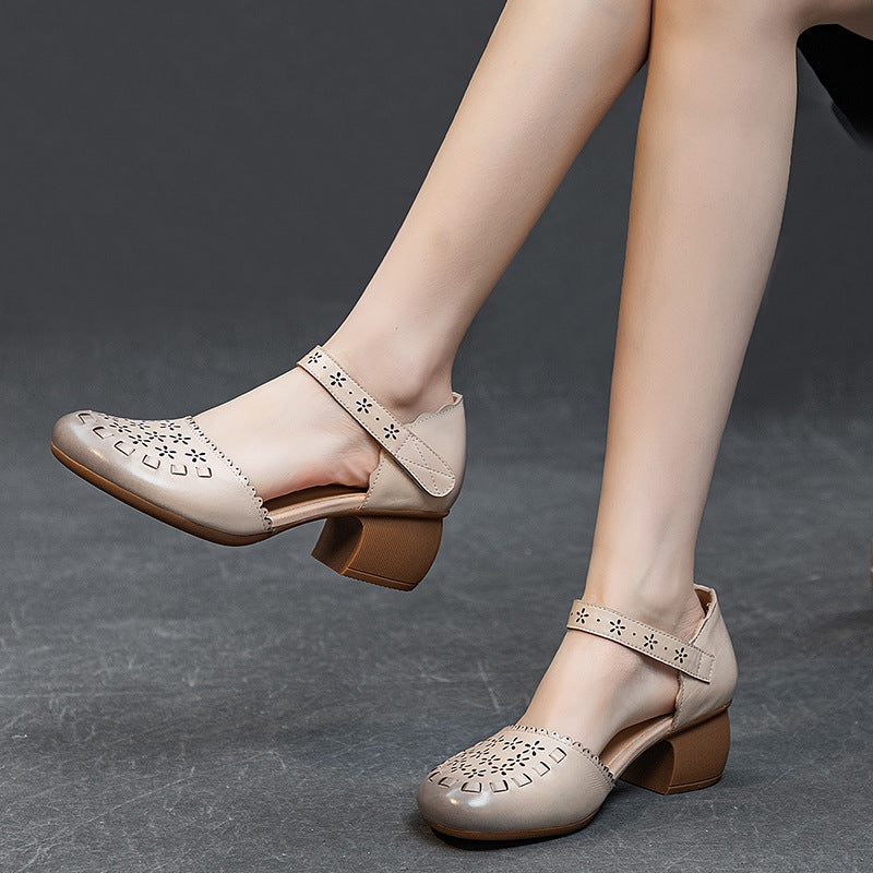 Women's Summer Thick Mid Top Layer Cowhide Heels