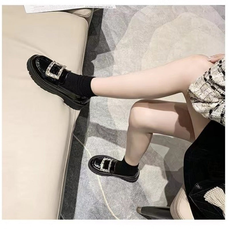 Women's Pedal Patent British Style Flat Bottom Rhinestone Square Loafers