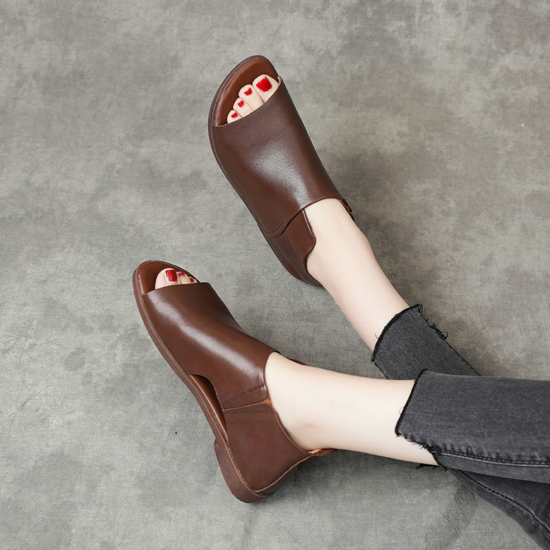 Genuine Slip On Peep Toe Flat Low Soft Sandals