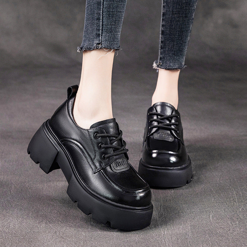 Women's Cowhide Autumn Authentic Platform Thick Bottom Retro Casual Shoes