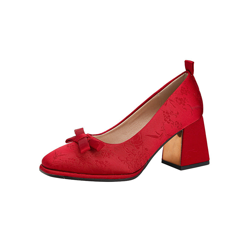 Women's High Chunky Red Wedding Retro Cheongsam Embroidered Square Toe Women's Fashion Shoes
