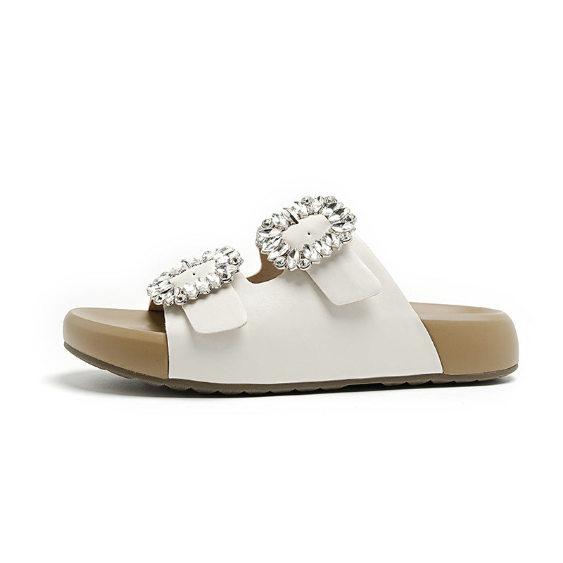 Women's Rhinestone Genuine Double Strap Small Platform Summer Sandals