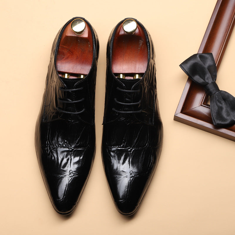 Men's Pointed Toe Business Alligator Pattern British Cowhide Leather Shoes