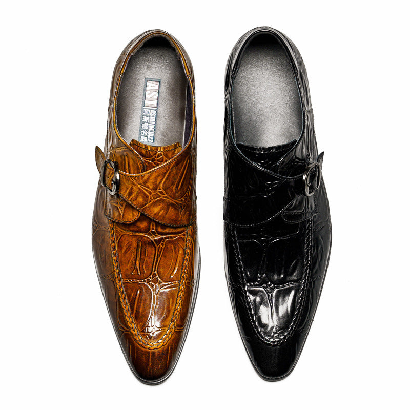 Men's Alligator Pattern Formal Wear First Layer Cowhide Pointed Men's Business Leather Shoes