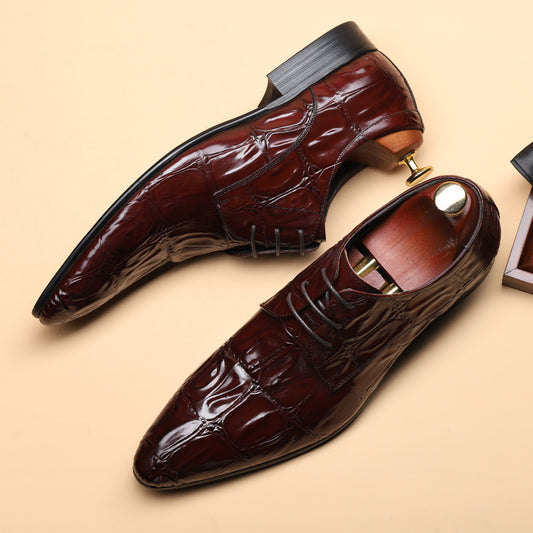 Men's Pointed Toe Business Alligator Pattern British Cowhide Leather Shoes